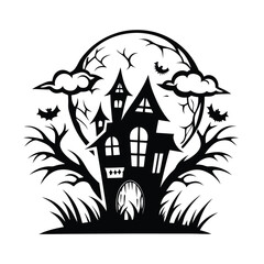 Spooky Haunted House Silhouette with Bats, Trees, and a Full Moon in Black & White