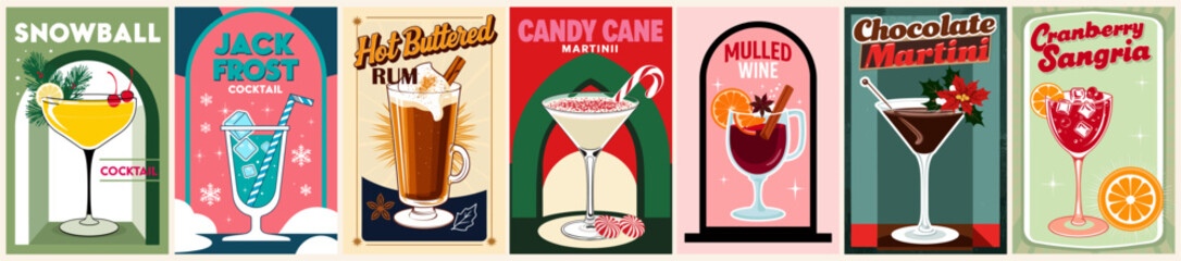Winter Cocktails retro poster set. Cranberry Sangria, Snowball, Candy Cane Martini, Jack Frost. Holidays hot drinks. Vintage style vector illustrations, bar, pub, restaurant, kitchen wall art print