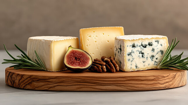 Delicious cheese platter featuring assorted cheeses, fresh figs, and nuts on a wooden board. National Cheese Day - Powered by Adobe