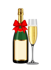 A bottle of champagne with a red ribbon tied around it and a glass of champagne next to it. Vector colorful illustration isolated