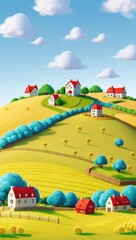 Vast green fields stretch under a blue sky in a peaceful rural countryside, a scene of summer agriculture