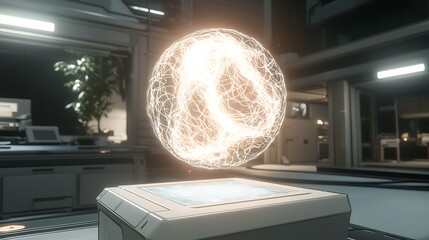 Futuristic holographic globe with glowing energy in a modern lab