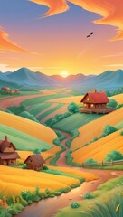 Vast green fields stretch under a blue sky in a peaceful rural countryside, a scene of summer agriculture