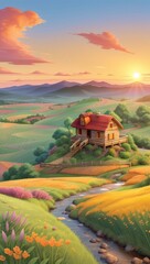 Vast green fields stretch under a blue sky in a peaceful rural countryside, a scene of summer agriculture