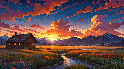 Golden light bathes the alpine landscape with a mountain hut under the vast sky at sunrise or sunset