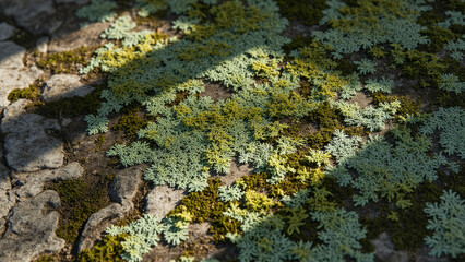 A close-up shot of moss and lichen growing on a rock surface, highlighting the texture and colors. The play of light and shadow adds depth to the image