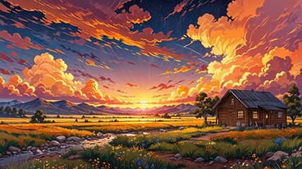 Golden light bathes the alpine landscape with a mountain hut under the vast sky at sunrise or sunset