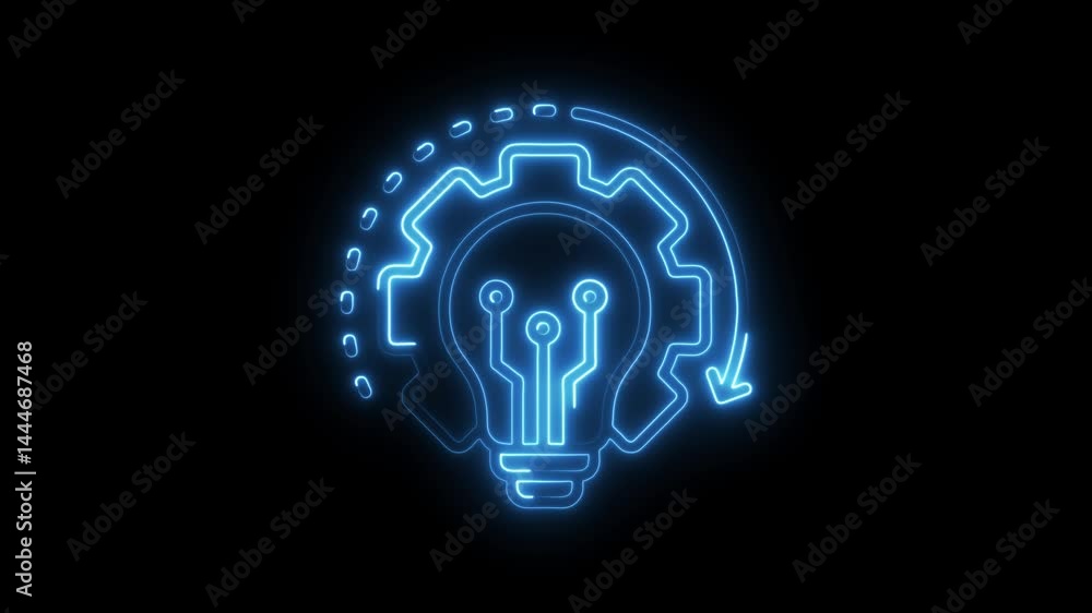 Poster creative solution animated icon glowing neon lightbulb with gear and rotation represents innovation 