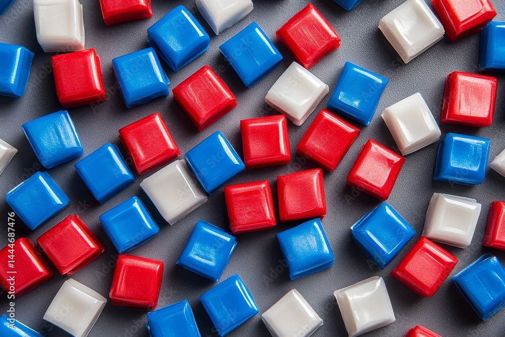 Poster red, white, and blue patterns made from colorful grains create a striking visual effect when placed 
