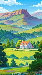 Vast green fields stretch under a blue sky in a peaceful rural countryside, a scene of summer agriculture