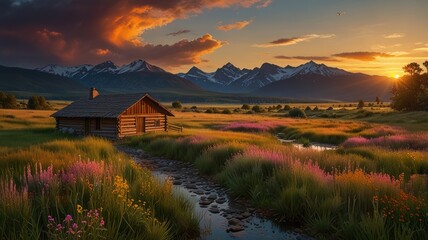 Golden light bathes the alpine landscape with a mountain hut under the vast sky at sunrise or sunset