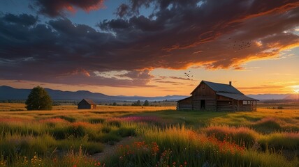 Golden light bathes the alpine landscape with a mountain hut under the vast sky at sunrise or sunset