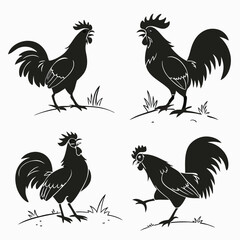 Rooster Silhouette Set Farm Animal, Poultry, Domestic Bird, Fowl Black on White