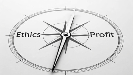 Ethics and profit concept shown on compass with black and white design, symbolizing balance between moral values and financial gain in business decisions