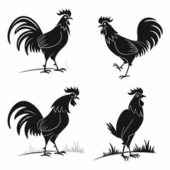 Black Rooster Silhouettes Minimalist Stylized Farm Animal Design on White Background