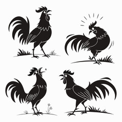 Rooster Silhouette Set Crowing, Strutting, Perched Farm Animal Iconography, Black