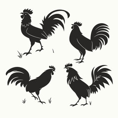 Rooster Silhouette Set, Black and White, Farm Animal, Chicken Collection, Poultry Fowl