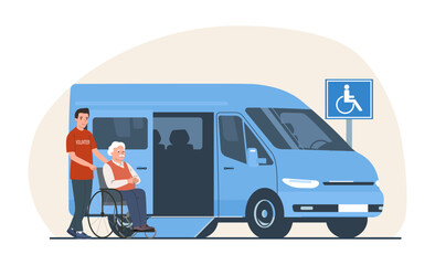 Young volunteer pushing an elderly man in a wheelchair into a van. Vector illustration. Vector illustration.