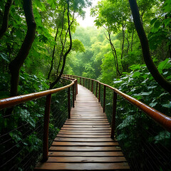 Elevated wooden bridge winding through a lush rainforest canopy with vibrant green leaves, mossy textures, and dynamic lighting