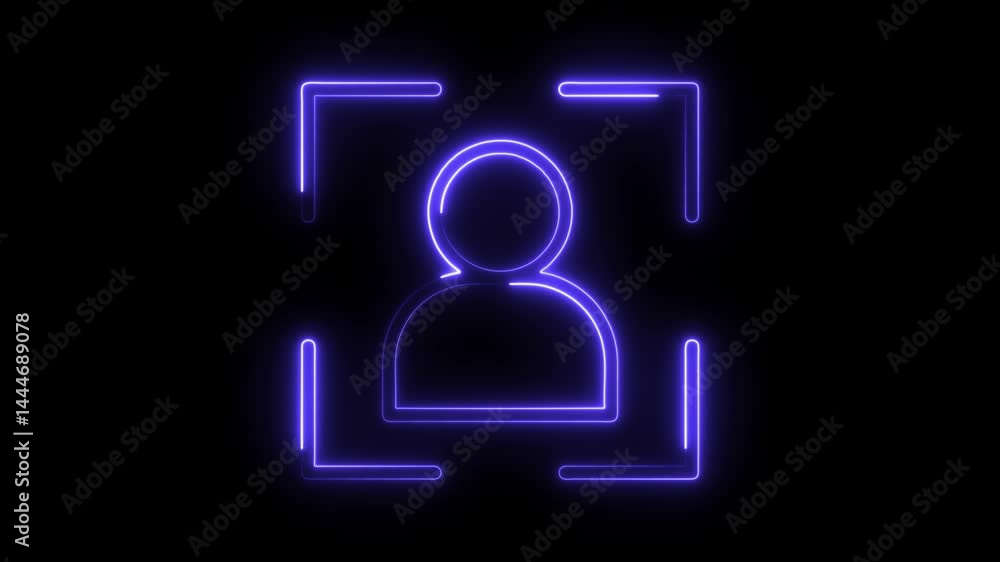 Poster neon scan icon for face recognition and identity verification technology glowing blue