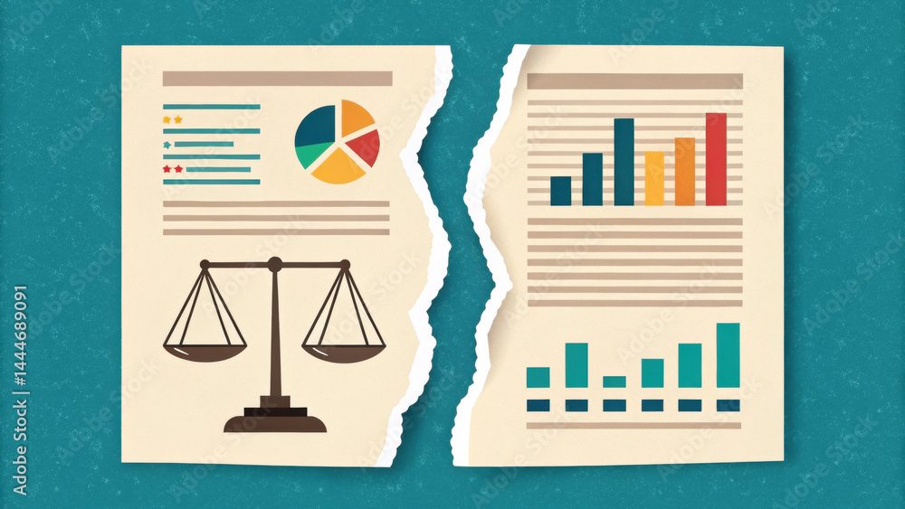 Poster torn contract document with colorful pie chart, bar graph, and scale symbol on textured teal backgro