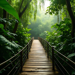 Obraz premium Elevated wooden bridge winding through a lush rainforest canopy with vibrant green leaves, mossy textures, and dynamic lighting