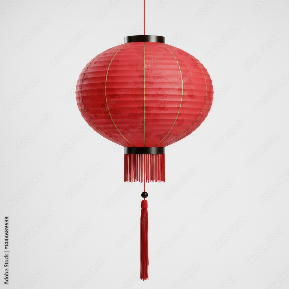 Poster a single red chinese lantern hanging against a white background in a studio setting with a tassel