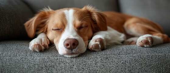 A furry friend peacefully sleeps on a grey couch, paws tucked neatly.  Its eyes are closed, suggesting deep rest