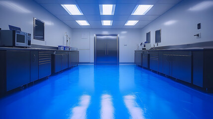 Modern laboratory interior with blue floor