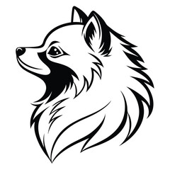 Pomeranian Dog Head Profile, Breed Silhouette, Black and White, Fluffy Fur, Minimalist Icon