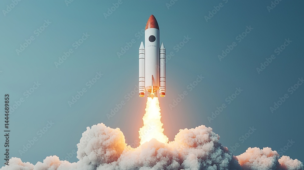 Poster rocket launching with business elements in a dynamic environment symbolizing innovation and growth