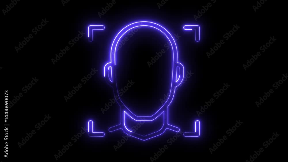 Poster neon style face recognition scan animation on black background