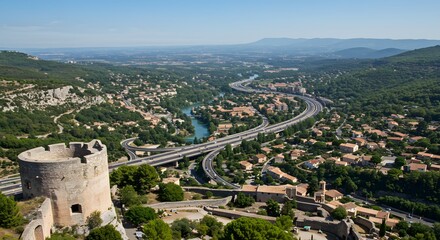 Obraz premium Castle Overlooking Highway and River Valley in France