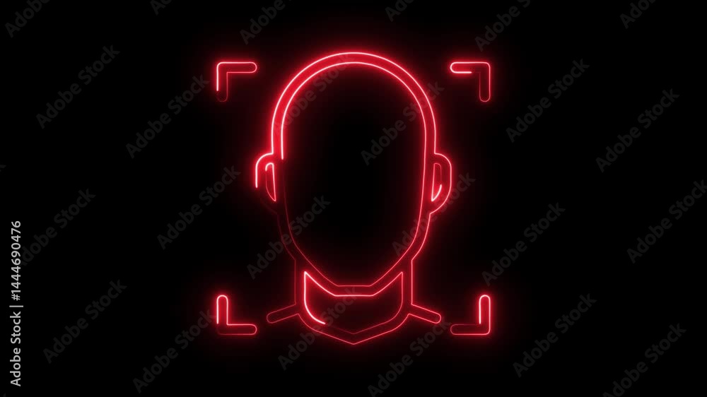 Poster glowing red neon face scan animation isolated on black background