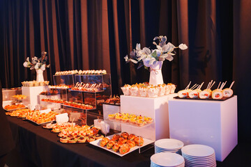 Exquisite buffet display with a variety of gourmet appetizers and desserts