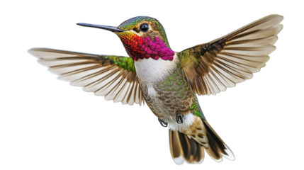 Vibrant Hummingbird in Flight with Iridescent Green and Pink Feathers on Transparent Background