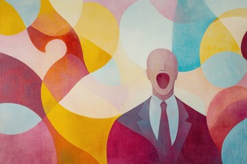 Colorful abstract composition with yelling figure