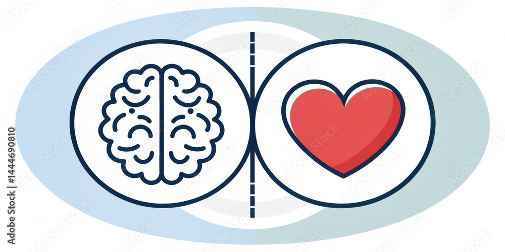 Poster brain and heart icons divided by line in minimal circle design, symbolizing balance between logic an