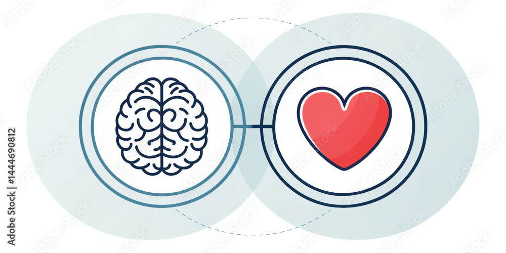 Poster brain and heart icons connected in overlapping circles, symbolizing balance between logic and emotio