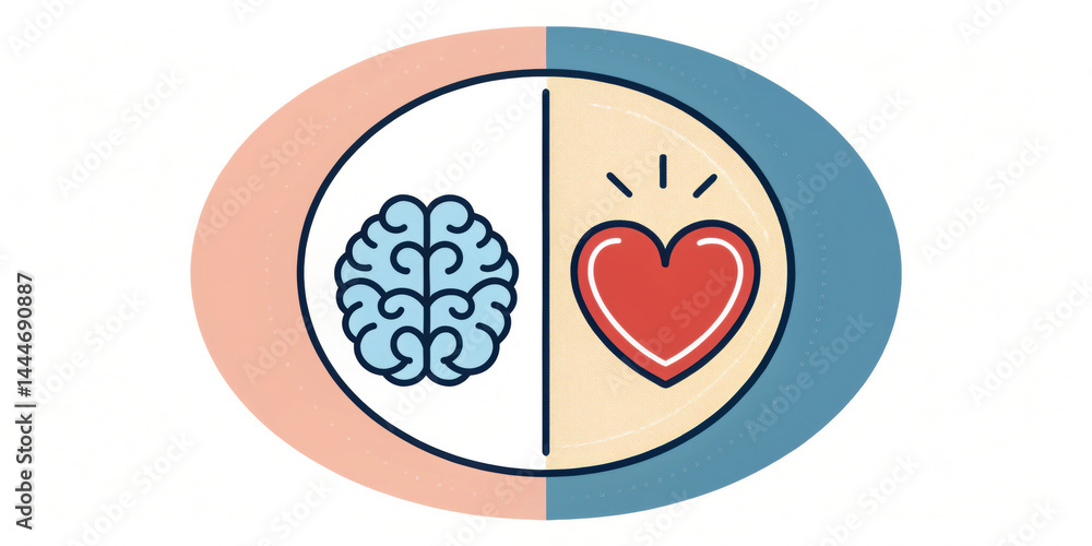 Poster minimal illustration showing circle divided in half with brain on one side and heart on other, symbo