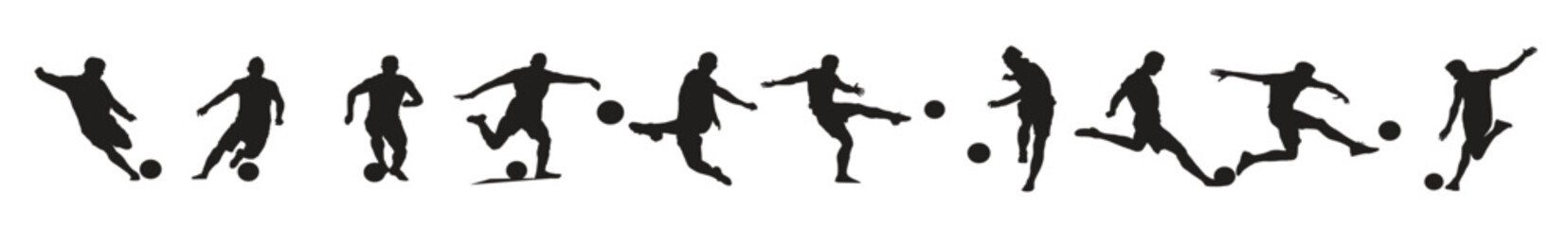 collection of silhouettes soccer players kicking the ball