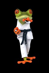 Fun 3D cartoon karateka frog doing a jodan age uke
