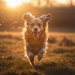 Joyful golden retriever running in golden light
