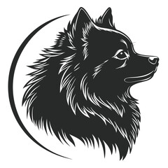 Black Silhouette Pomeranian Dog Head in Profile, Detailed Fur Isolated on White Icon
