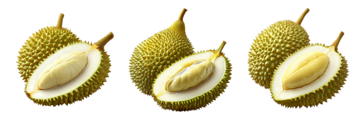 Set of whole durian and one cut open showing creamy flesh isolated on white transparent background, exotic fruit concept.