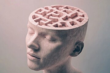 Light-toned sculpture of head with brain maze