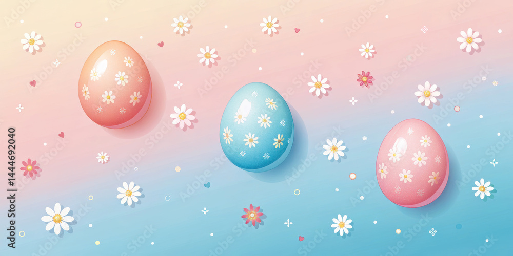 Poster pastel gradient background with floating easter eggs decorated with small white flowers and scattere