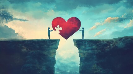 Puzzle heart bridge between couple on cliffs