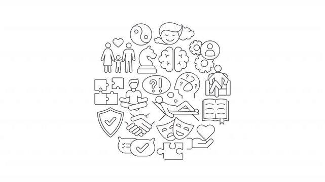 Mental health line icons concept round animation. Psychological wellbeing support. Mindfulness maintaining. Life balance. Circular idea with animated outline symbols. HD video isolated on white