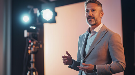 Captivating speaker addressing audience studio editorial photography professional environment eye-level charismatic engagement